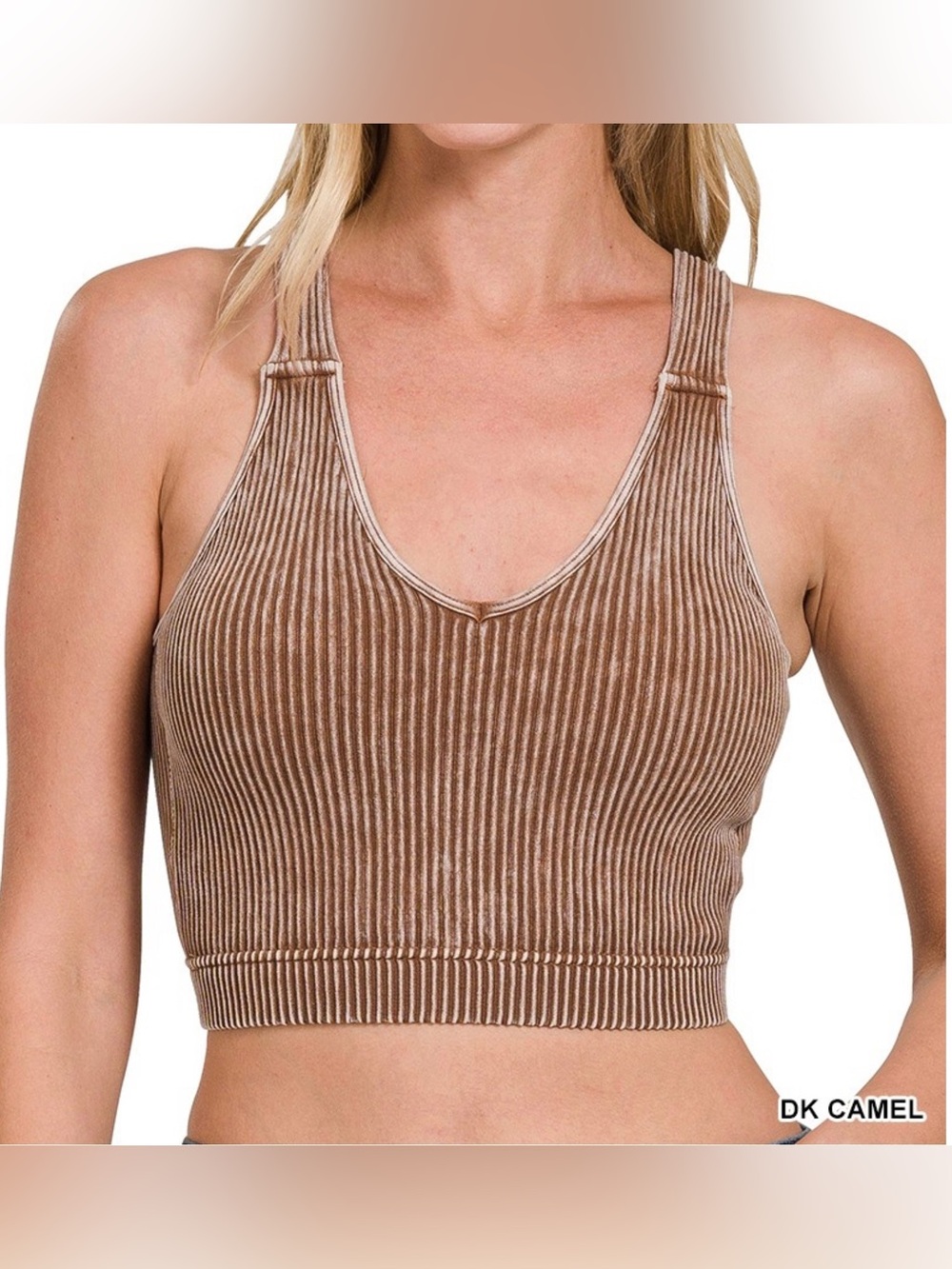 Zenana Washed Ribbed Cropped Bra Padded Tank Top - Mocha